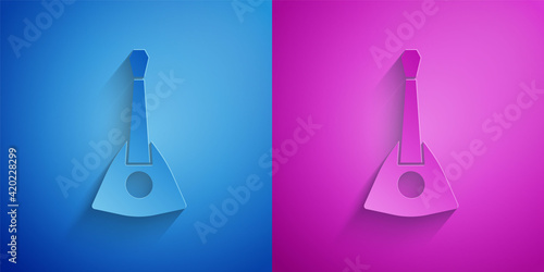 Paper cut Musical instrument balalaika icon isolated on blue and purple background. Paper art style. Vector