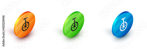 Isometric Unicycle or one wheel bicycle icon isolated on white background. Monowheel bicycle. Circle button. Vector