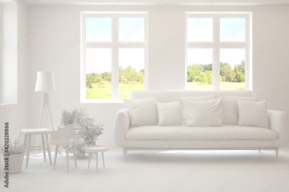 White living room with sofa and summer landscape in window. Scandinavian interior design. 3D illustration White living room with sofa and summer landscape in window. Scandinavian interior design. 3D illustration