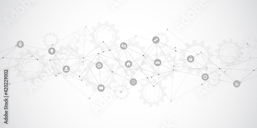 Information technology background with infographic elements and flat icons. Digital technology, network connection and communication concept. Vector illustration