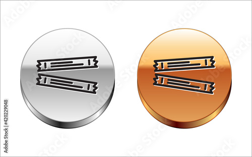 Black line Sugar stick packets icon isolated on white background. Blank individual package for bulk food products as coffee, salt, spices. Silver-gold circle button. Vector