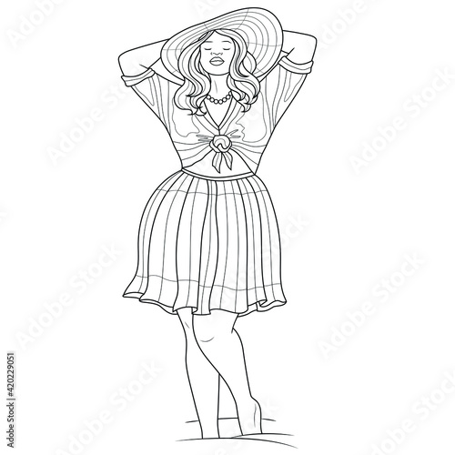 Chubby girl in a hat.Coloring book antistress for children and adults. Illustration isolated on white background.Zen-tangle style. Hand draw