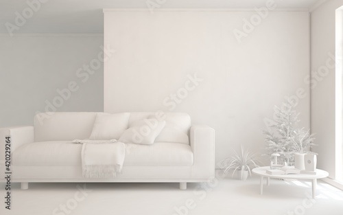 White minimalist living room with sofa. Scandinavian interior design. 3D illustration © AntonSh