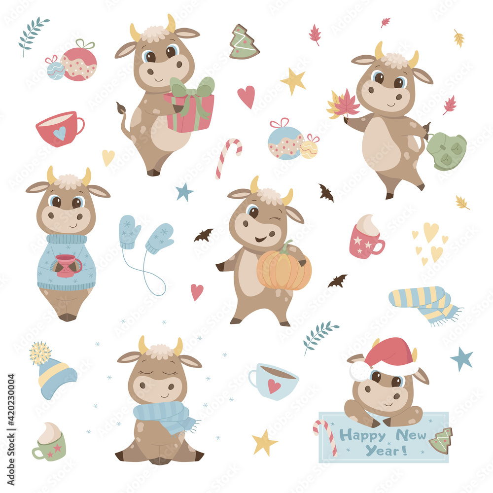 Fototapeta premium Set of cartoon cute bulls in different poses winter and autumn isolate on a white background. Vector graphics