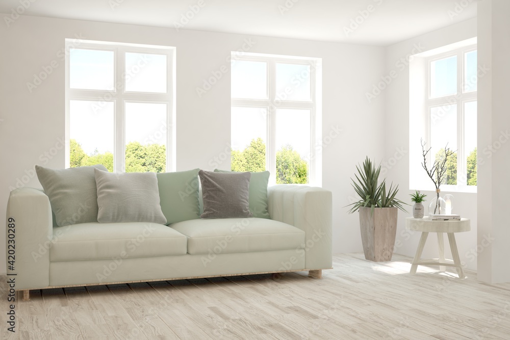 Fototapeta premium White living room with sofa. Scandinavian interior design. 3D illustration