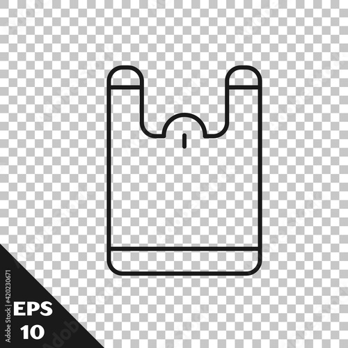 Black line Plastic bag icon isolated on transparent background. Disposable cellophane and polythene package prohibition sign. Vector