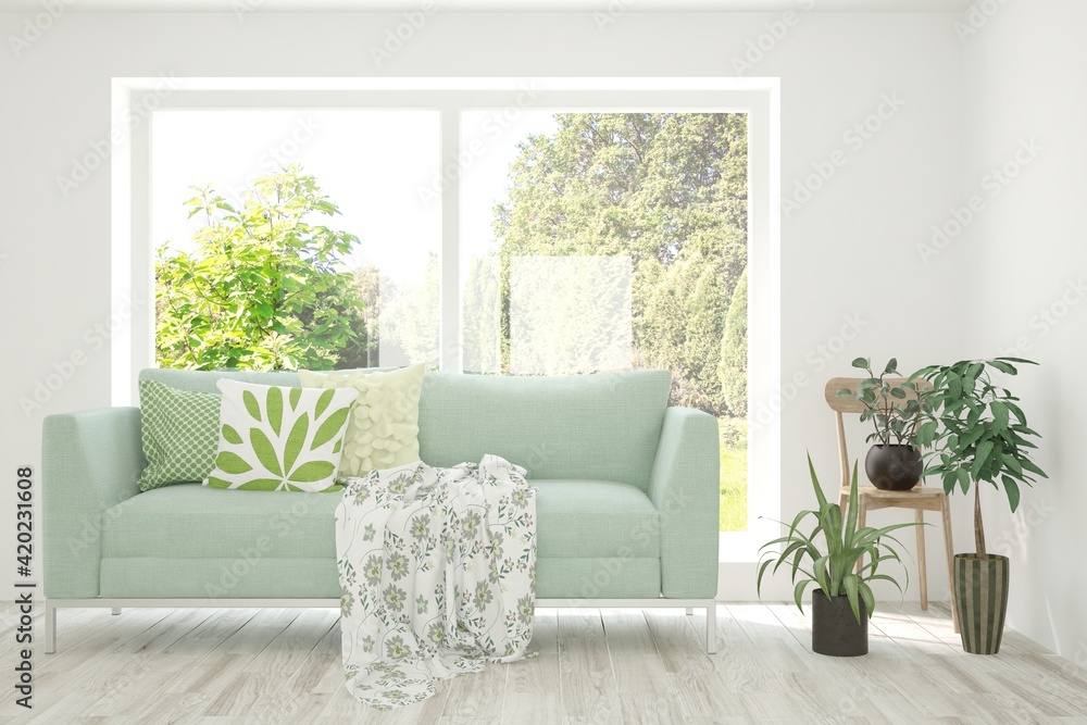 White living room with sofa and summer landscape in window. Scandinavian interior design. 3D illustration White living room with sofa and summer landscape in window. Scandinavian interior design. 3D illustration