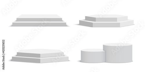 Set of white blank podiums. Pedestal. Scene. Vector illustration.