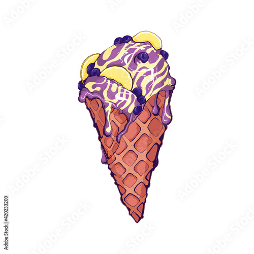 Ice cream sundae wafer cone with lemon and blueberry and milk cream with berry. Hand drawn vector illustration. Ice cream vanilla sundae in wafer cup with berry and fruits.
