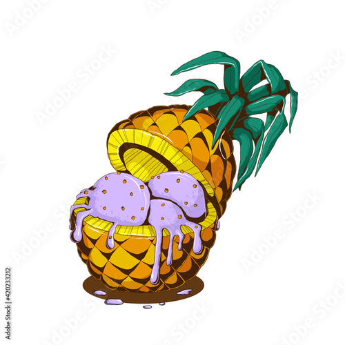Hand drawn violet ice cream  with berry and pineapple in sliced yellow pineapple with leabes and milk cream in comix style. Colorful vector of ice cream sundae illustration in cartoon style.