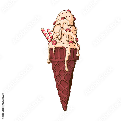Vanilla ice cream sundae wafer cone with corn rings and caramele and milk cream.  Hand drawn vector illustration isolated on white background. Ice cream vanilla sundae in wafer cup with corn rings.