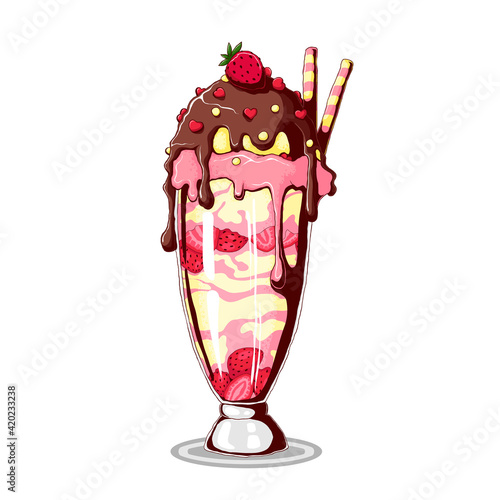Ice cream in sundae glass dish cup with sliced strawberry, chocolate, dragee and wafer stick. Vector hand drawn illustration isolated on white background. Tasty vanilla strawberry sundae bowl