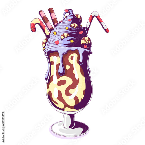 Ice cream in sundae glass dish cup with caramel, chocolate, dragee and wafer stick. Vector hand drawn illustration isolated on white background.