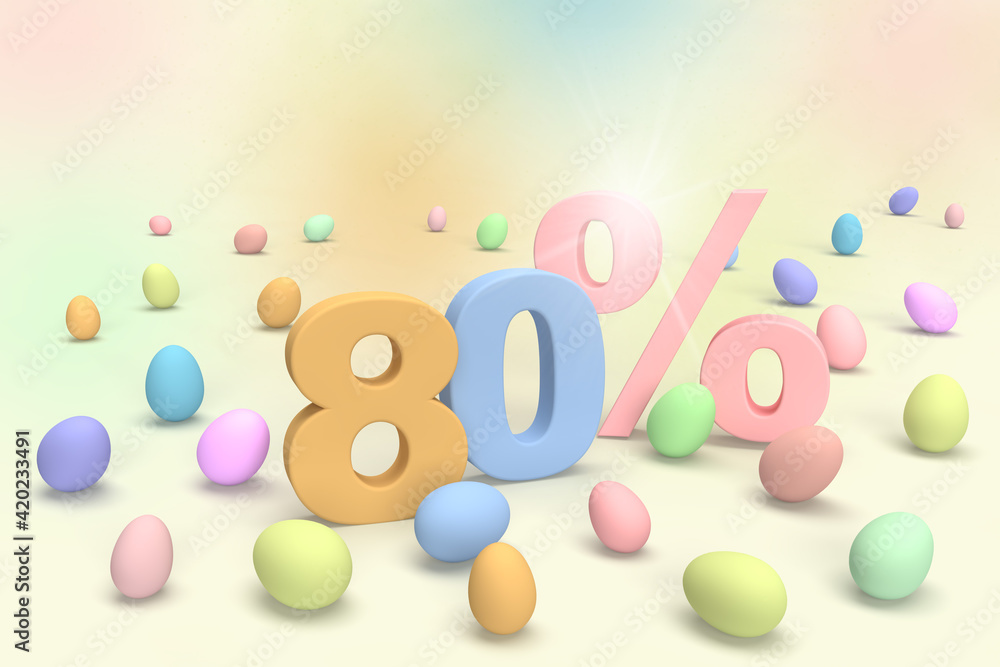 Happy Easter sale colorful eggs number 80 percentages on pastel abstract background.