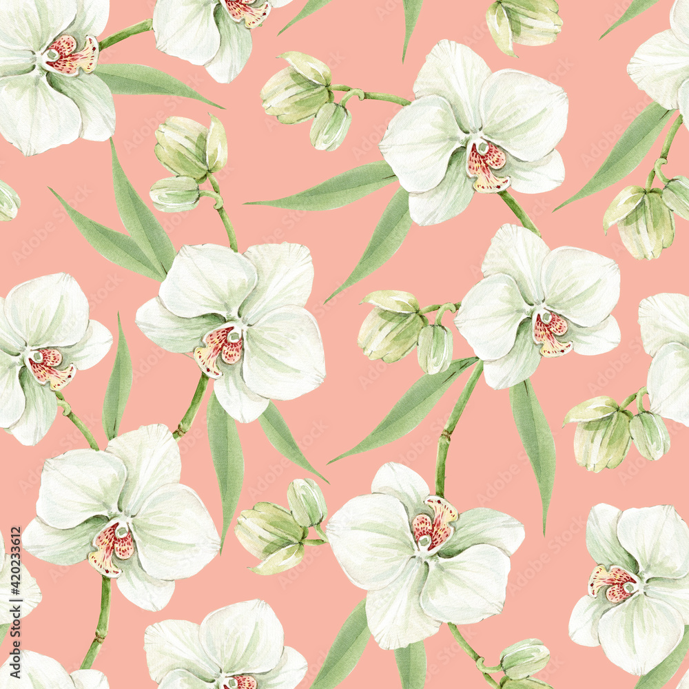 seamless pattern with delicate flowers orchids on pink background, watercolor illustration hand painted