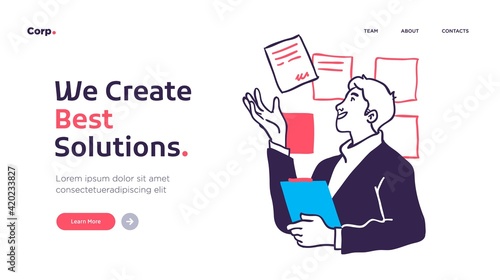 Research innovations and solutions. Presentation slide template or landing page website design. Business concept