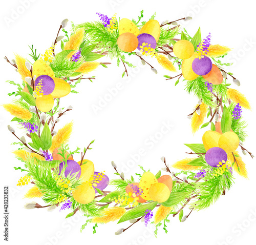 Easter Wreath with Willow branches, Eggs, plants, leaves. Circle frame. Watercolor illustration.