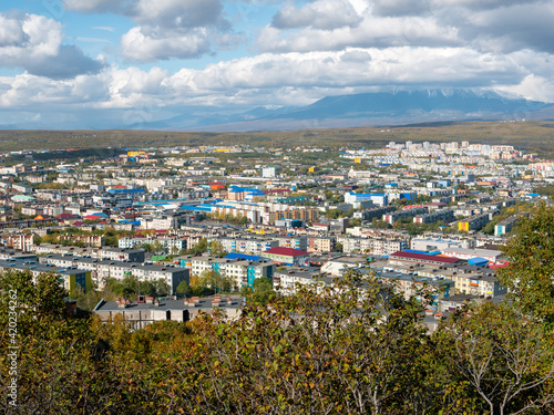 View of the city of Petropavlovsk-Kamchatsky from Mishennaya Sopka. Magnificent views of the city and home volcanoes from above. Kamchatka Peninsula, Russia. © lexosn