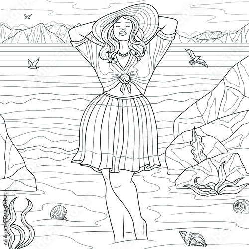 Fat girl on the beach.Coloring book antistress for children and adults. Illustration isolated on white background.Zen-tangle style. Hand draw