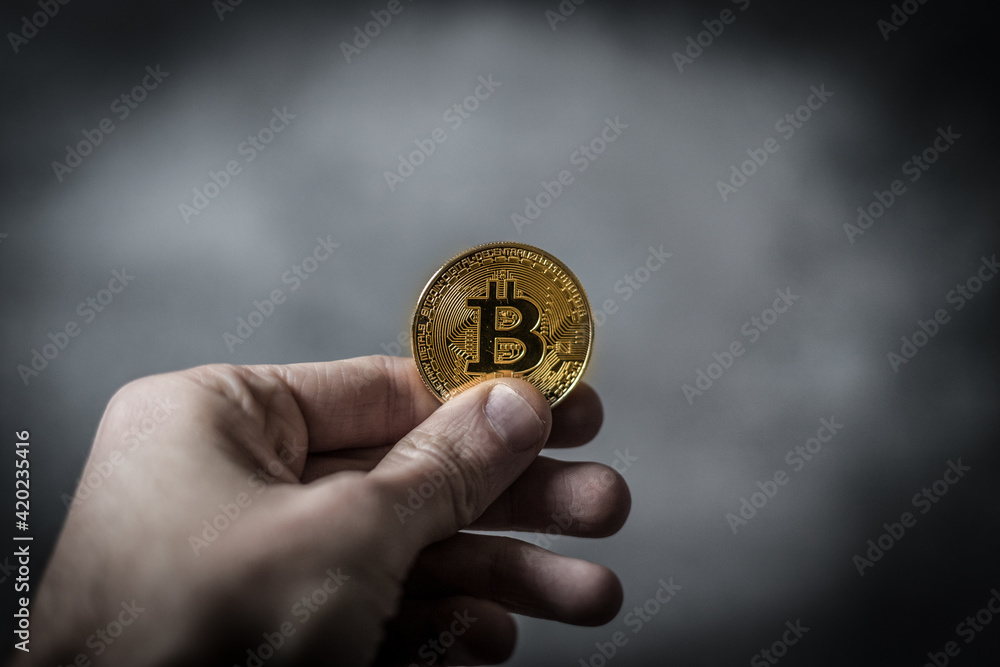 Fototapeta premium Hand with a golden Bitcoin
