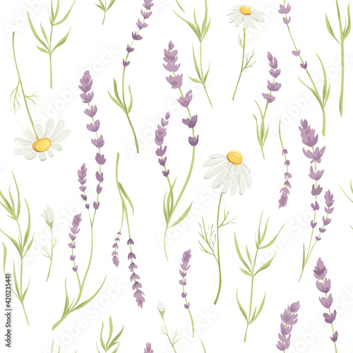 Seamless pattern with lavender and chamomile. Vector illustration in watercolor painting style. Background for packaging, textiles, printing products with a delicate watercolor drawing of flowers.