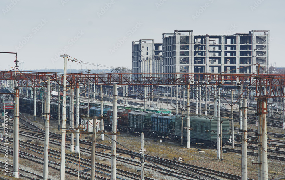 Abandoned unfinished railway station building. Kiev, Ukraine.