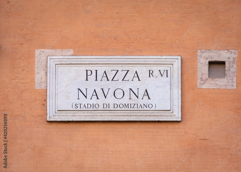 Piazza Navona (Navona's Square) in Rome, Italy, street name sign Piazza Navona (Navona's Square) in Rome, Italy, street name sign