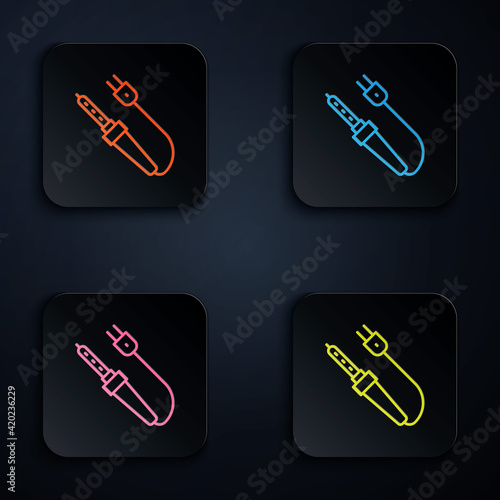 Color neon line Soldering iron icon isolated on black background. Set icons in square buttons. Vector