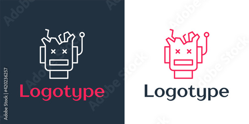 Logotype line Broken robot icon isolated on white background. Artificial intelligence, machine learning, cloud computing. Logo design template element. Vector