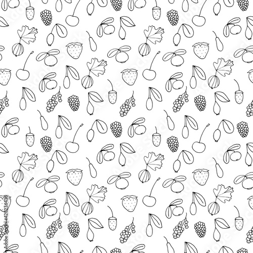 Seamless berry pattern, vector doodle illustration, hand drawing