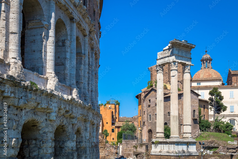 Ancient exterior of Teatro Macello (Theater of Marcellus) located very close to Colosseum, Rome, Italy.