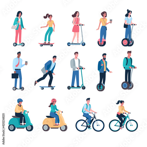 Vector Eco friendly alternative vehicles set. People, men and women ride modern electric scooter, hoverboard, skateboard, segway, bicycle, mopeds