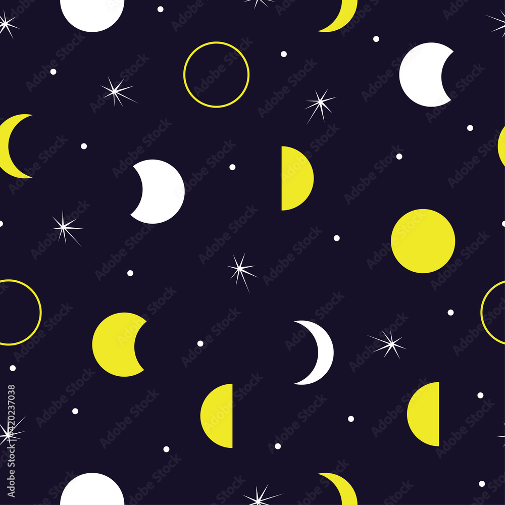 Seamless pattern of moon and stars on dark background. Vector illustration of abstract repeat night background. Night sky background.