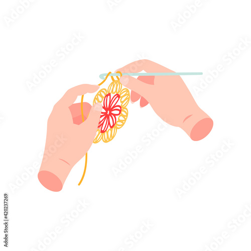 Isometric knitting set with isolated colourful icons and images of human hands with needles and clue vector illustration