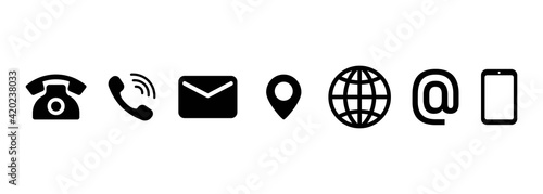 Contact us icon set. Communication symbol for your web site design, logo, app, UI. Contact button. Mail, phone, globe, address, com, email. Vector EPS10. Isolated on background