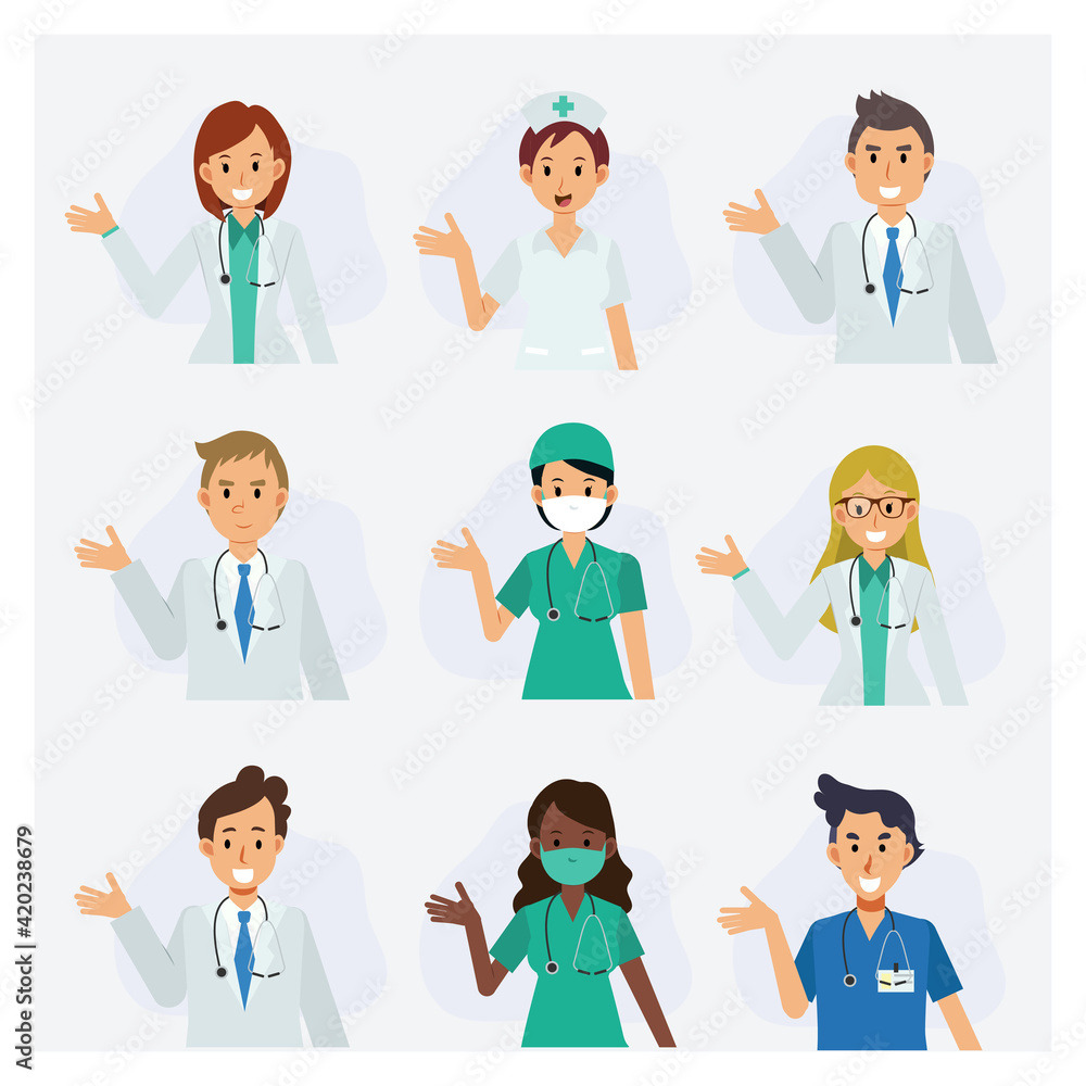 Set of medical staff ,doctor and nurse , who guides customers, give advice, welcome.Flat Vector cartoon character illustration. Set of medical staff ,doctor and nurse , who guides customers, give advice, welcome.Flat Vector cartoon character illustration.