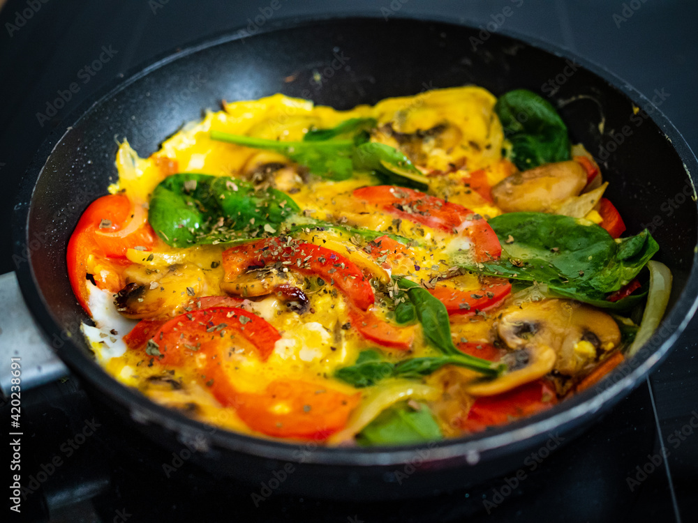 Breakfast - scrambled eggs with vegetables in frying pan
