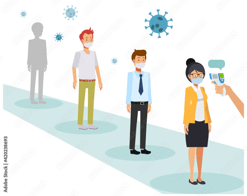 Temperature check people in queue social distance,Checking body temperatures in public areas,People wearing face mask and waiting in queue. Flat vector cartoon character illustration. Temperature check people in queue social distance,Checking body temperatures in public areas,People wearing face mask and waiting in queue. Flat vector cartoon character illustration.