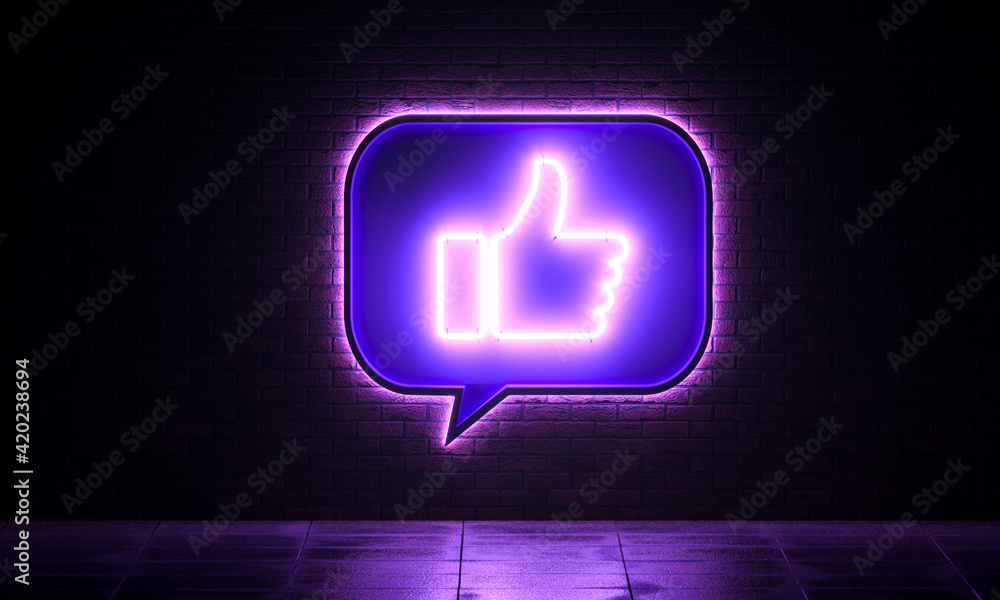 Brick background with Like icon neon concept. 3D Rendering Brick background with Like icon neon concept. 3D Rendering