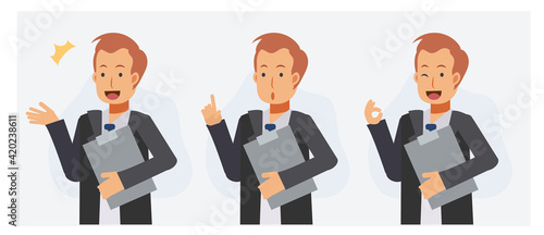 Set of businessman holding folder, who guides customers, give advice, ok hand sign.Flat Vector cartoon character illustration.