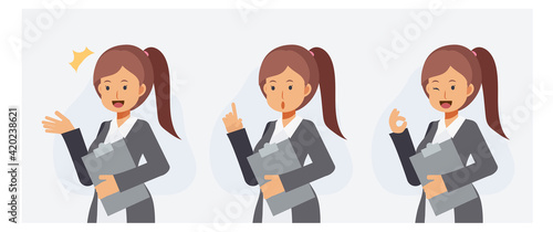 Set of businesswoman holding folder, who guides customers, give advice, ok hand sign.Flat Vector cartoon character illustration.