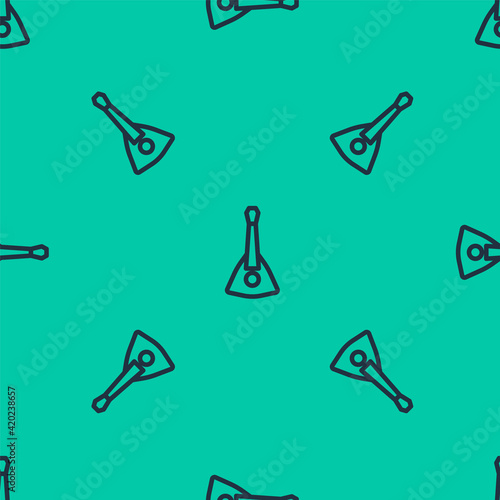Blue line Musical instrument balalaika icon isolated seamless pattern on green background. Vector