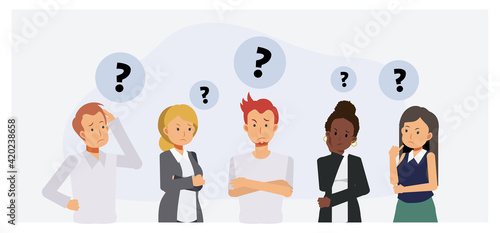 Thinking people group. Anxiety characters, people are thinking and confused, business team and social group.Flat Vector cartoon businessman stressed question concept.