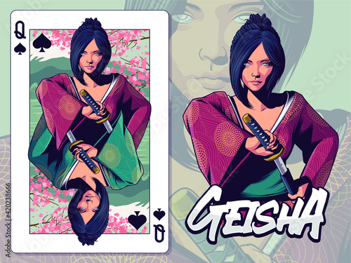 Geisha illustration for Queen of Spades playing card design