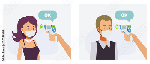 man and woman was measure temperature at forehead , checked,Scanning COVID-19 Coronavirus flu concept, Temperature gun. Flat vector cartoon character illustration