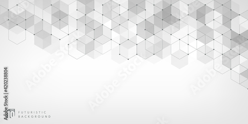 Abstract white & grey geometric background with simple hexagonal elements. Medical, technology or science design. Modern hexagons pattern with copy space. Vector illustration