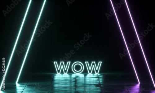 Neon shine electricity fluorescent sign Wow concept illuminated vintage retro club glow icon logo text light WOW entertaining emotion nightlife in pink blue colors 3D rendering photo