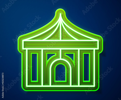 Glowing neon line Circus tent icon isolated on blue background. Carnival camping tent. Amusement park. Vector