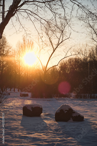 Sunset over snowy landscape with 2 big rocks in foreground at Fulda river in Hesse with golden sky in February 2021