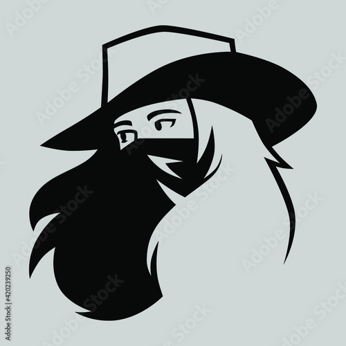 Cowgirl outlaw wearing bandana portrait symbol on gray backdrop. Design element